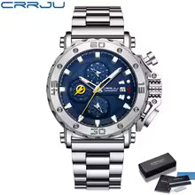 CRRJU Watch for Men Top Brand Luxury Big Dial Stainless Steel Waterproof Chronograph Wristwatches with Date Relogio Masculino