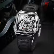 2025Luxury Brands FORSINING Square Steel Skeleton Mechanical Man Watch Automatic Movement Clockwork Sport Waterproof Rubber Male