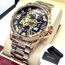 AOKULASIC Fashion Skeleton Mechanical Watches Rose Gold Case Luminous Hands Mens Watches Top Brand Luxury Steel Leather Strap