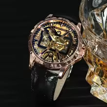 AOKULASIC Fashion Skeleton Mechanical Watches Rose Gold Case Luminous Hands Mens Watches Top Brand Luxury Steel Leather Strap