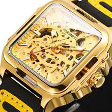 2025Luxury Brands FORSINING Square Steel Skeleton Mechanical Man Watch Automatic Movement Clockwork Sport Waterproof Rubber Male