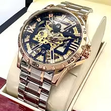 AOKULASIC Fashion Skeleton Mechanical Watches Rose Gold Case Luminous Hands Mens Watches Top Brand Luxury Steel Leather Strap