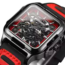 2025Luxury Brands FORSINING Square Steel Skeleton Mechanical Man Watch Automatic Movement Clockwork Sport Waterproof Rubber Male